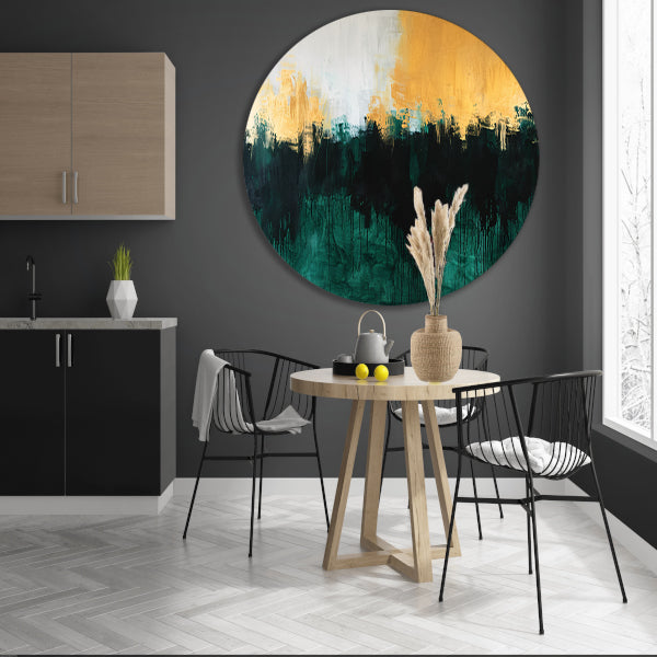 Abstract schilderij met dynamische kleurrijke accenten aluminium muurcirkel