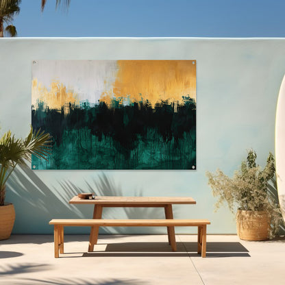 Abstract schilderij met dynamische kleurrijke accenten tuinposter