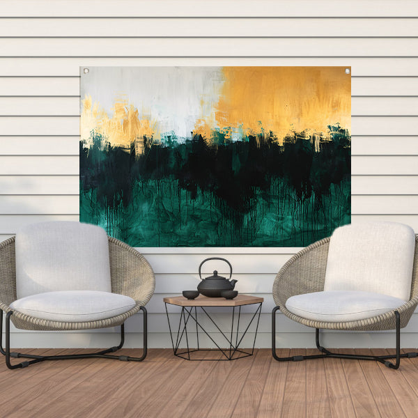 Abstract schilderij met dynamische kleurrijke accenten tuinposter