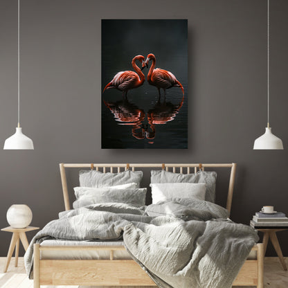 Twee flamingos en hun reflectie in water canvas met baklijst