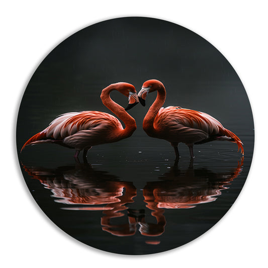 Twee flamingos en hun reflectie in water forex muurcirkel