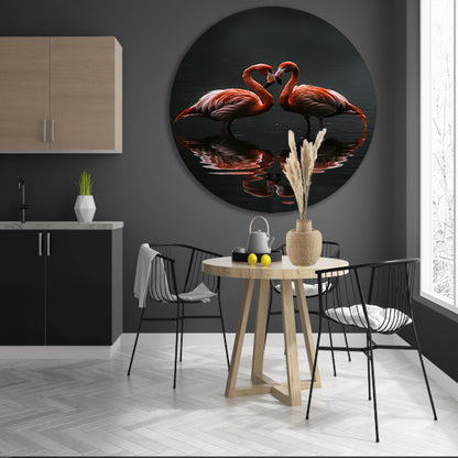 Twee flamingos en hun reflectie in water forex muurcirkel