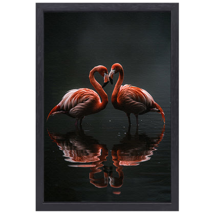 Twee flamingos en hun reflectie in water canvas met baklijst