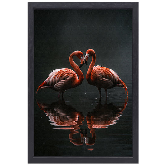 Twee flamingos en hun reflectie in water canvas met baklijst