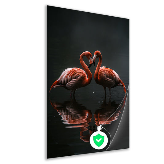 Twee flamingos en hun reflectie in water poster