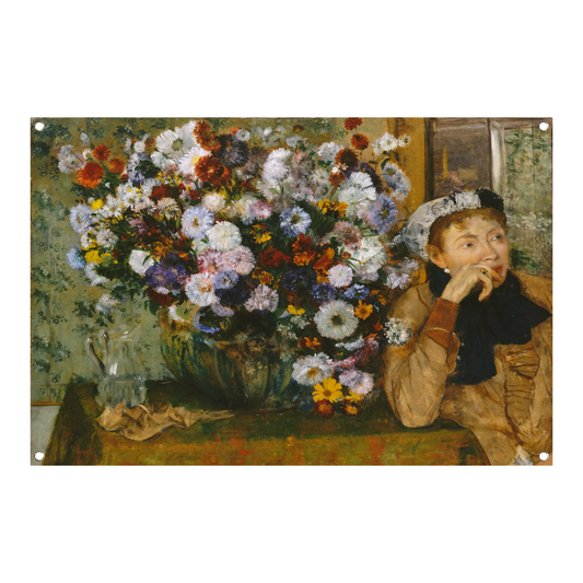 Een vrouw zittend naast een vaas met bloemen - Edgar Degas tuinposter