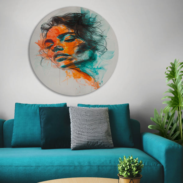 Kleurrijk abstract portret van een vrouw aluminium muurcirkel