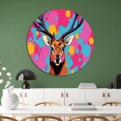 Kleurrijk hert in popart stijl schilderij aluminium muurcirkel