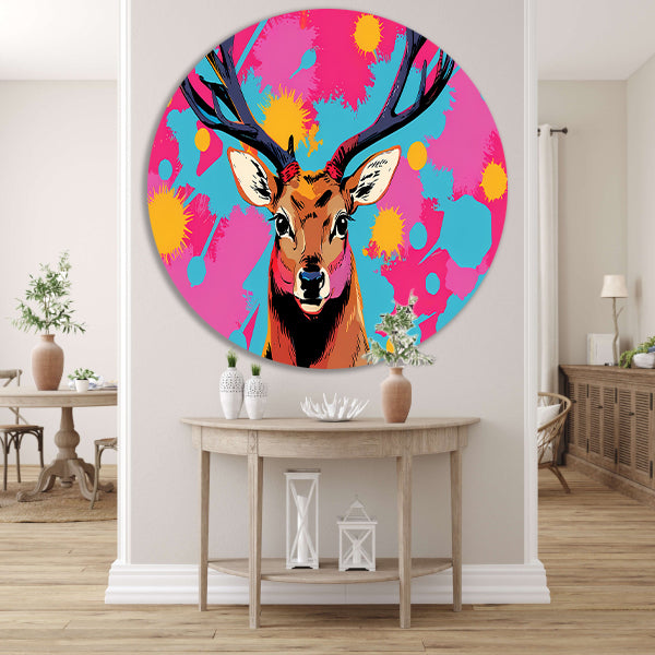 Kleurrijk hert in popart stijl schilderij aluminium muurcirkel