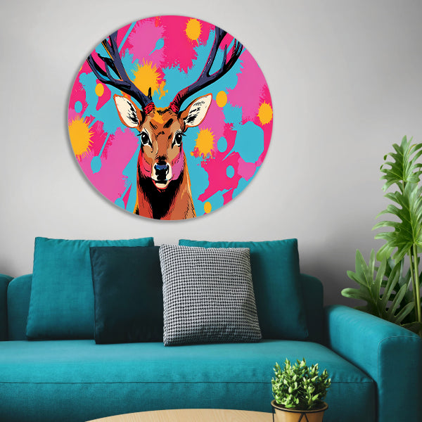 Kleurrijk hert in popart stijl schilderij aluminium muurcirkel