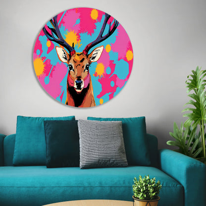 Kleurrijk hert in popart stijl schilderij aluminium muurcirkel