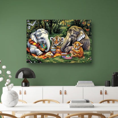 Surrealistische junglepicknick met dieren canvas