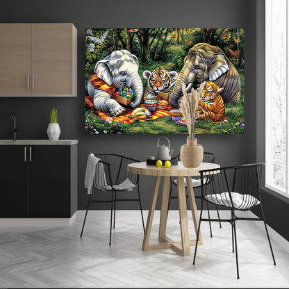 Surrealistische junglepicknick met dieren canvas