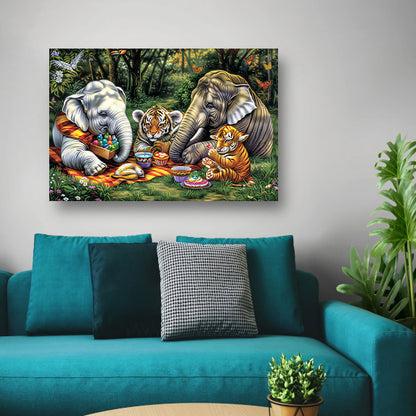 Surrealistische junglepicknick met dieren canvas met baklijst