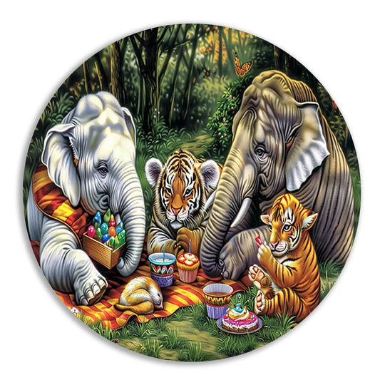 Surrealistische junglepicknick met dieren forex muurcirkel
