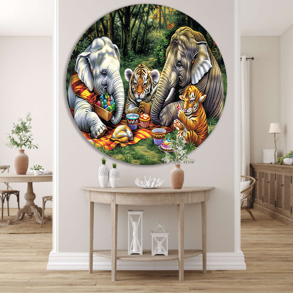 Surrealistische junglepicknick met dieren forex muurcirkel