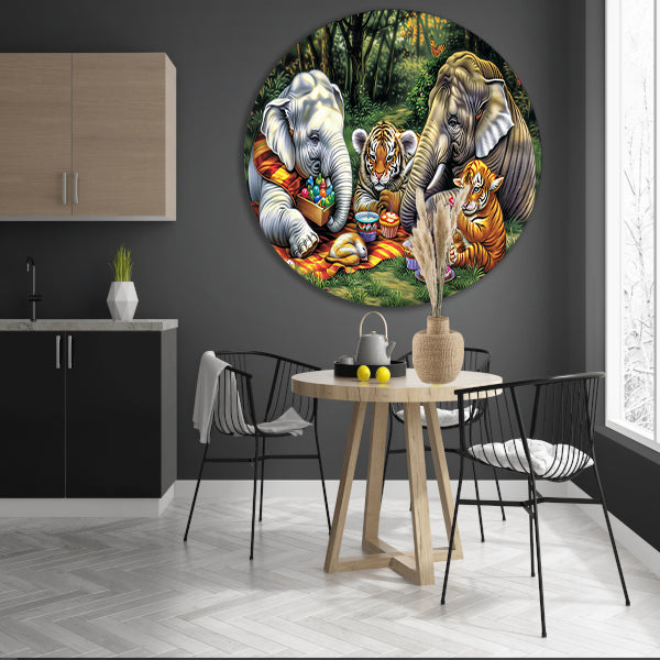 Surrealistische junglepicknick met dieren forex muurcirkel