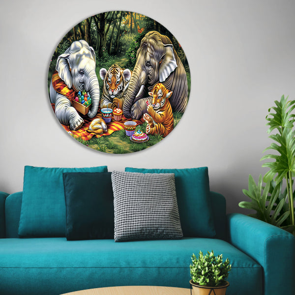 Surrealistische junglepicknick met dieren forex muurcirkel