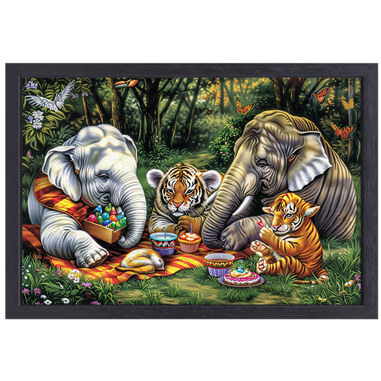 Surrealistische junglepicknick met dieren canvas met baklijst