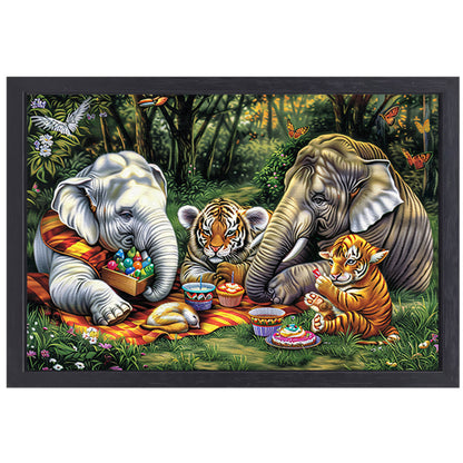 Surrealistische junglepicknick met dieren canvas met baklijst