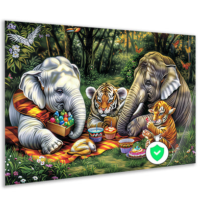 Surrealistische junglepicknick met dieren poster