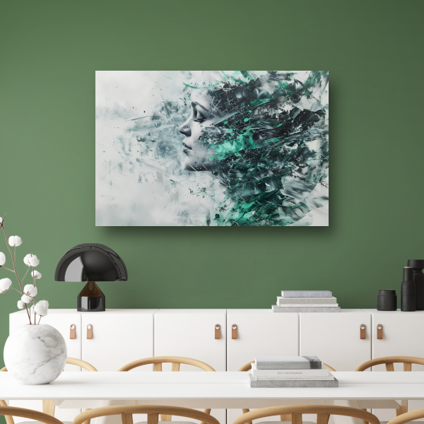 Abstracte vrouwengezicht in kleurrijke chaos canvas met baklijst