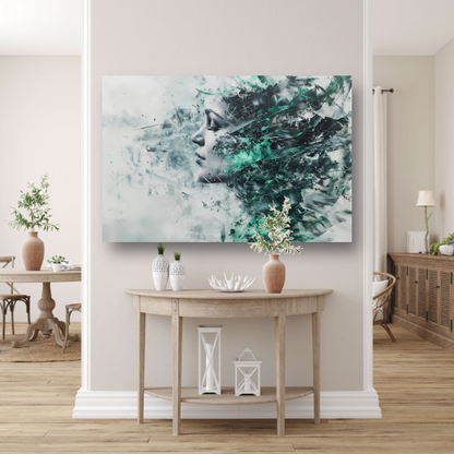 Abstracte vrouwengezicht in kleurrijke chaos canvas met baklijst
