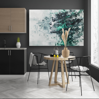 Abstracte vrouwengezicht in kleurrijke chaos canvas met baklijst