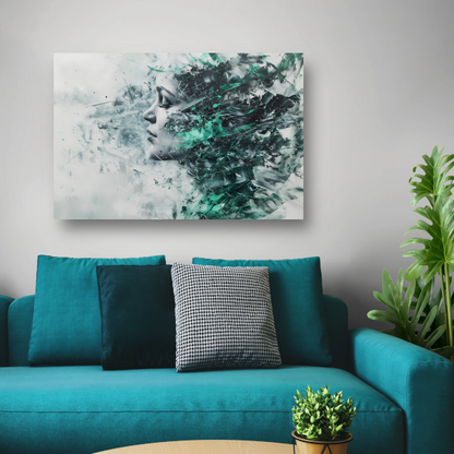Abstracte vrouwengezicht in kleurrijke chaos canvas met baklijst