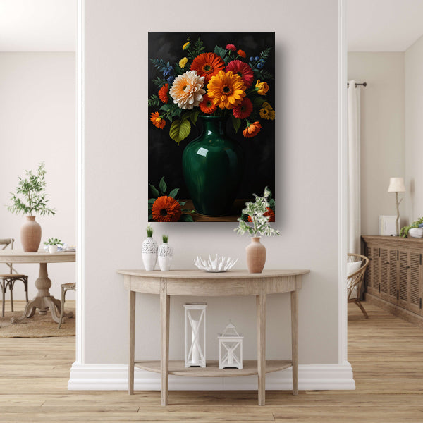 Weelderig Bloemenboeket in Groene Vaas canvas met baklijst