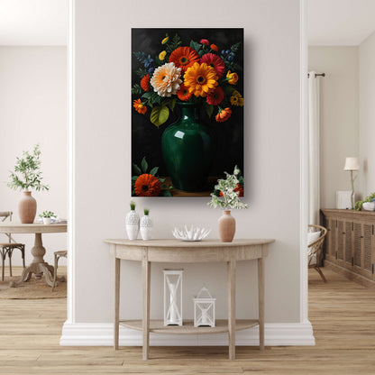 Weelderig Bloemenboeket in Groene Vaas canvas met baklijst