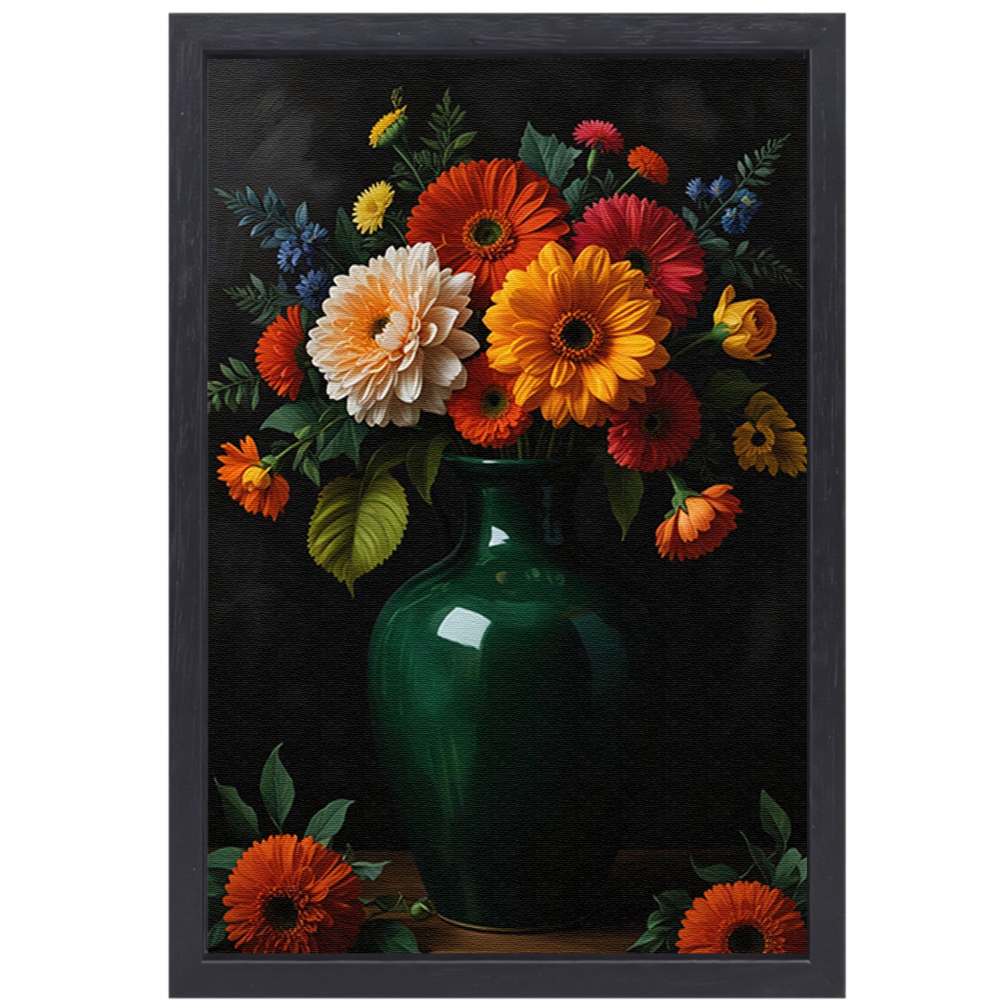 Weelderig Bloemenboeket in Groene Vaas canvas met baklijst
