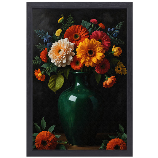 Weelderig Bloemenboeket in Groene Vaas canvas met baklijst
