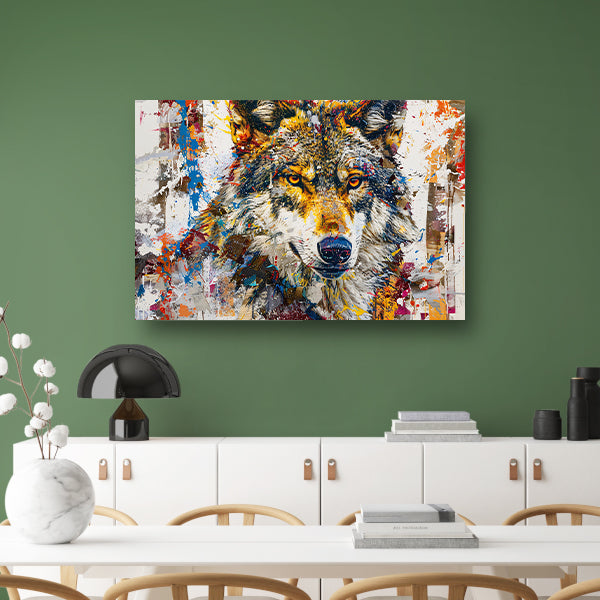 Kleurrijk abstract schilderij van een wolf canvas met baklijst