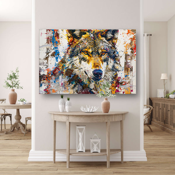 Kleurrijk abstract schilderij van een wolf canvas met baklijst