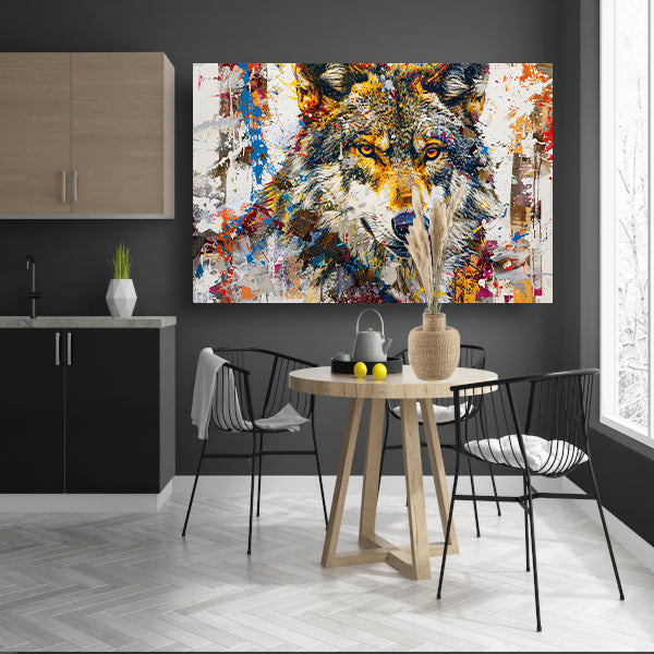 Kleurrijk abstract schilderij van een wolf canvas met baklijst