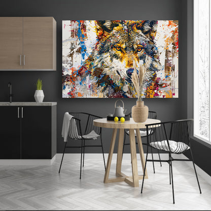 Kleurrijk abstract schilderij van een wolf canvas met baklijst