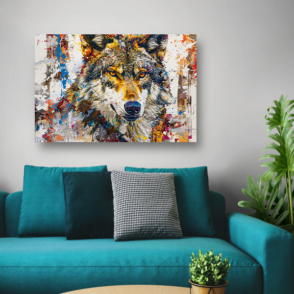 Kleurrijk abstract schilderij van een wolf canvas met baklijst