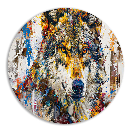 Kleurrijk abstract schilderij van een wolf aluminium muurcirkel