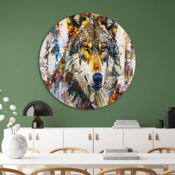 Kleurrijk abstract schilderij van een wolf aluminium muurcirkel