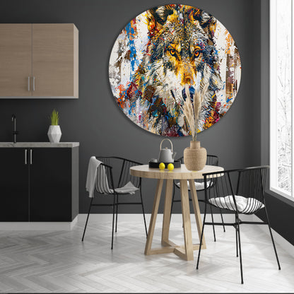 Kleurrijk abstract schilderij van een wolf aluminium muurcirkel