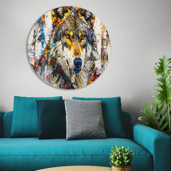 Kleurrijk abstract schilderij van een wolf aluminium muurcirkel