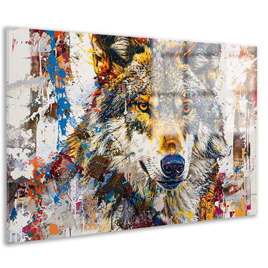 Kleurrijk abstract schilderij van een wolf acrylglas