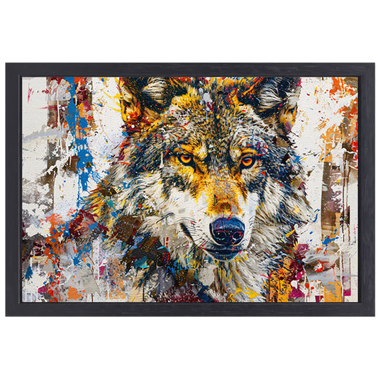 Kleurrijk abstract schilderij van een wolf canvas met baklijst