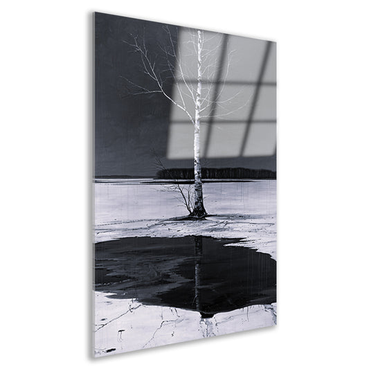 Eenzame boom bij bevroren meer acrylglas