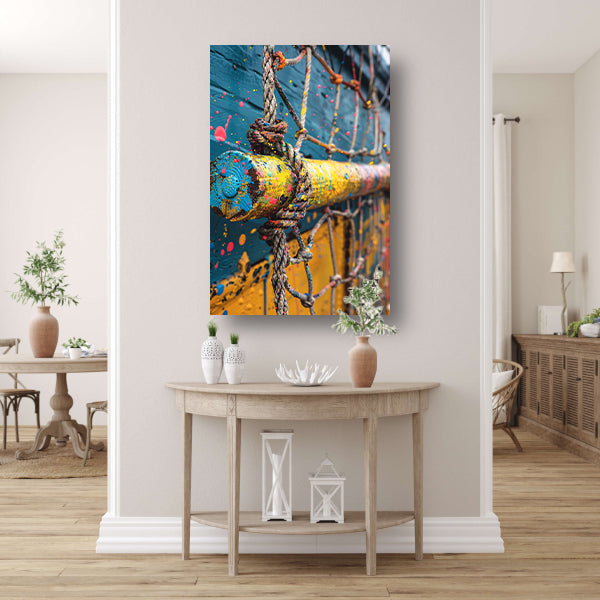 Kleurrijk touw met verfspatten canvas met baklijst