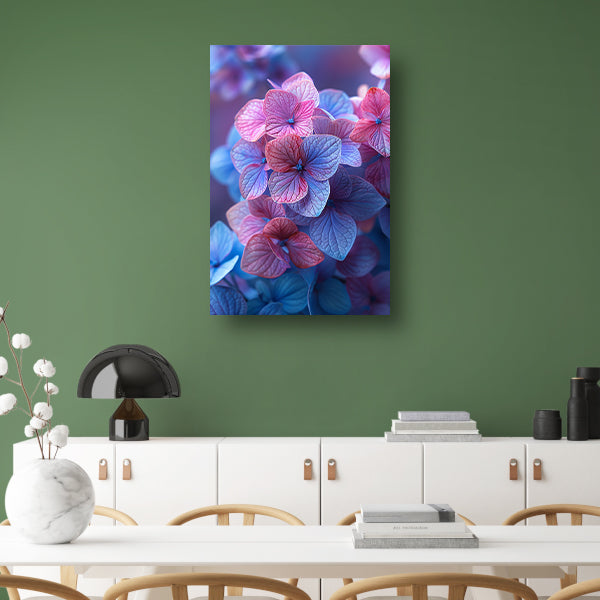 Close-up van roze en blauwe hortensia bloemen canvas met baklijst