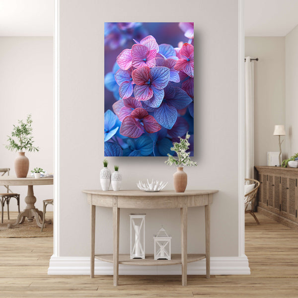Close-up van roze en blauwe hortensia bloemen canvas met baklijst