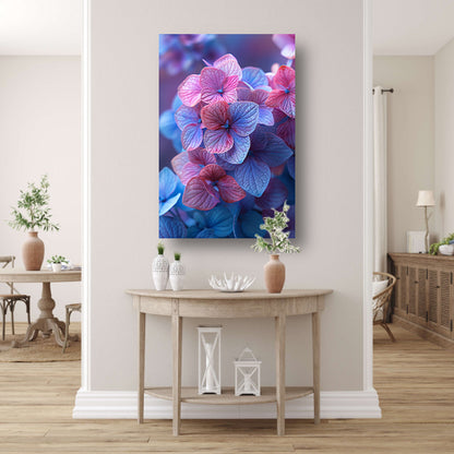 Close-up van roze en blauwe hortensia bloemen canvas met baklijst