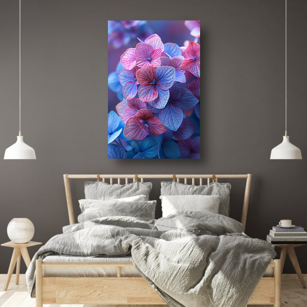 Close-up van roze en blauwe hortensia bloemen canvas met baklijst